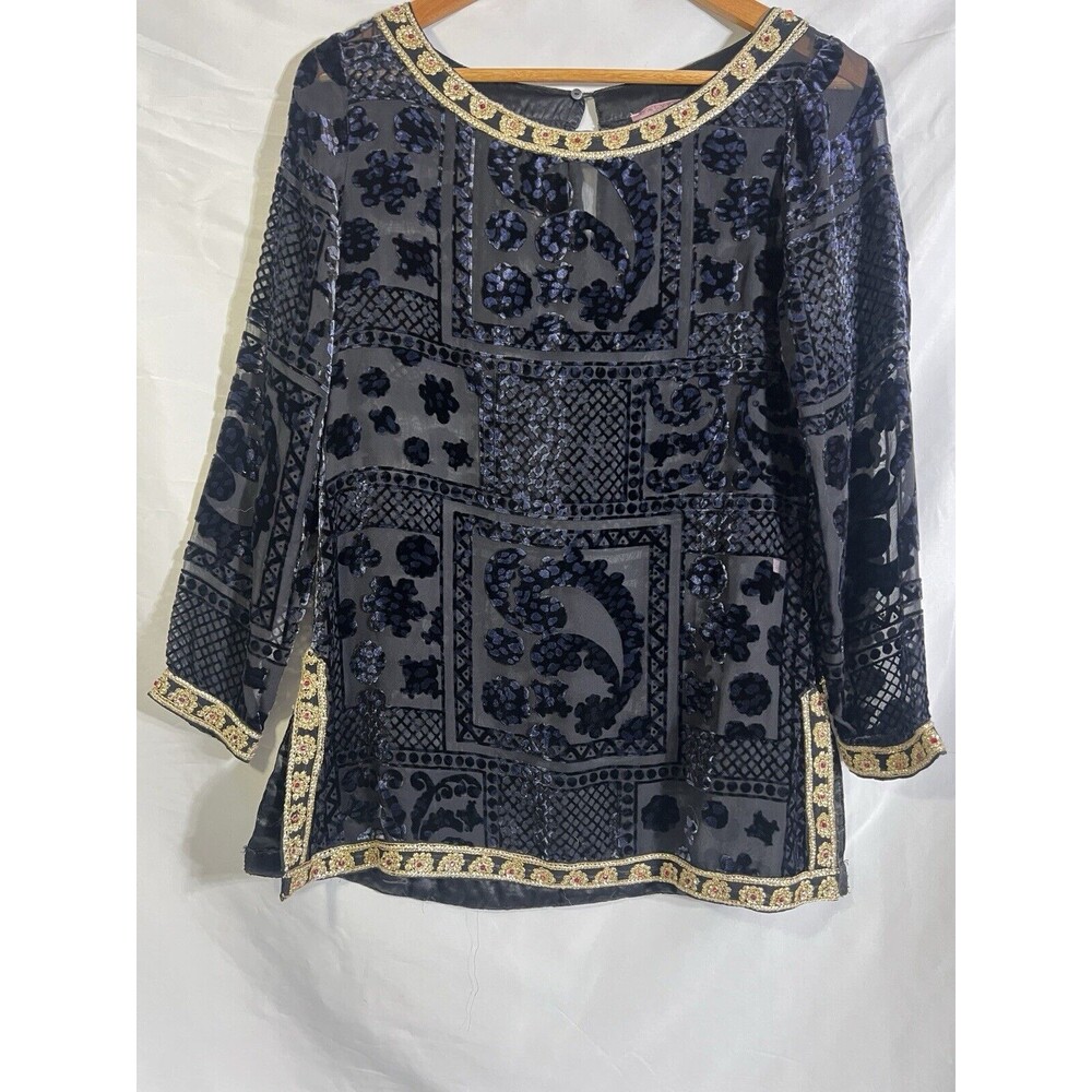 Calypso St Barth Mianette Black Velvet Tunic Gold Trim XS Boho Luxury Silk Blend